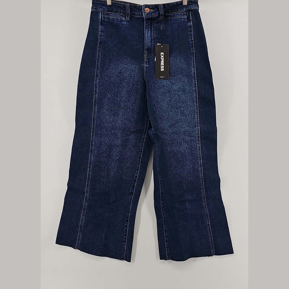 Express Women Jeans Denim Indigo Blue 12 High Rise Wide Leg Raw Hem Seam Front